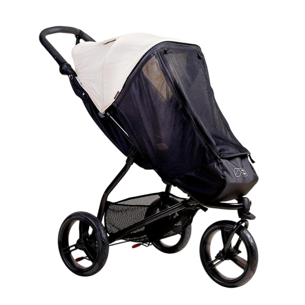 The Mountain Buggy Swift Sun UV Mesh & Blackout Cover Set by Mountain Buggy is shown on a three-wheeled black stroller with a white canopy, featuring a mesh cover for enhanced baby sun protection, set against a white background.