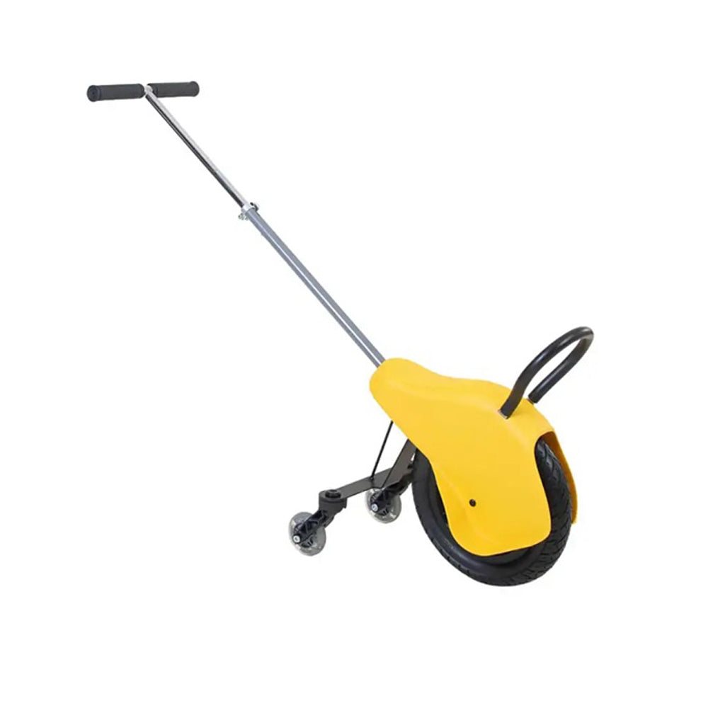 The Mountain Buggy Unirider V2 by Mountain Buggy is a yellow unicycle wheelbarrow with a long handle and two small support wheels, designed for carrying heavy loads, shown against a plain white background.