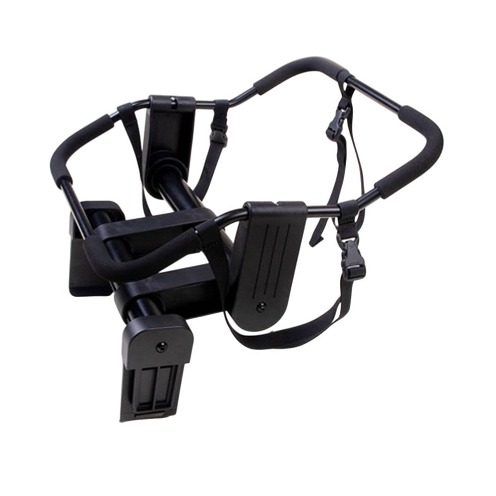 Mountain Buggy Universal Car Seat Adapter for V4 Duet, shown on a white background, offers secure, padded attachment and adjustable straps for comfort and stability—comparable to calf and leg support options in Mountain Buggy accessories.