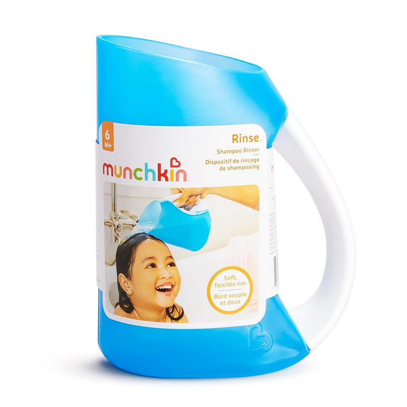 The Munchkin Shampoo Rinser by Munchkin is a blue and white jug with a handle, featuring a label of a smiling child enjoying tear-free hair rinsing—a must-have baby bath accessory.