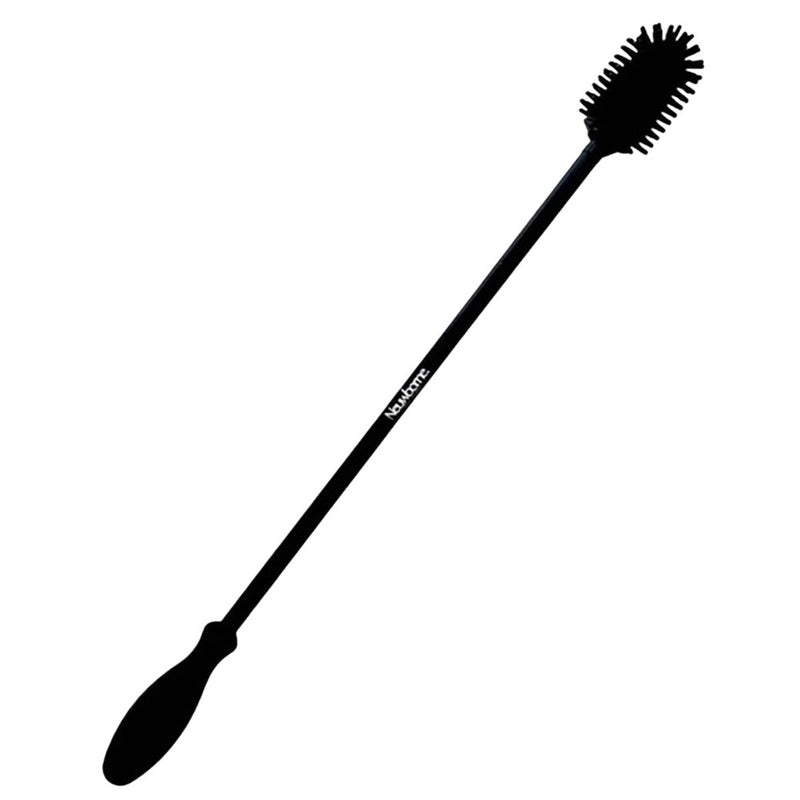 The Neuwborne Bottle Cleaning Brush Black features a long, ergonomically-shaped handle and a rounded, bristled head made of food-grade silicone for effective bottle cleaning.