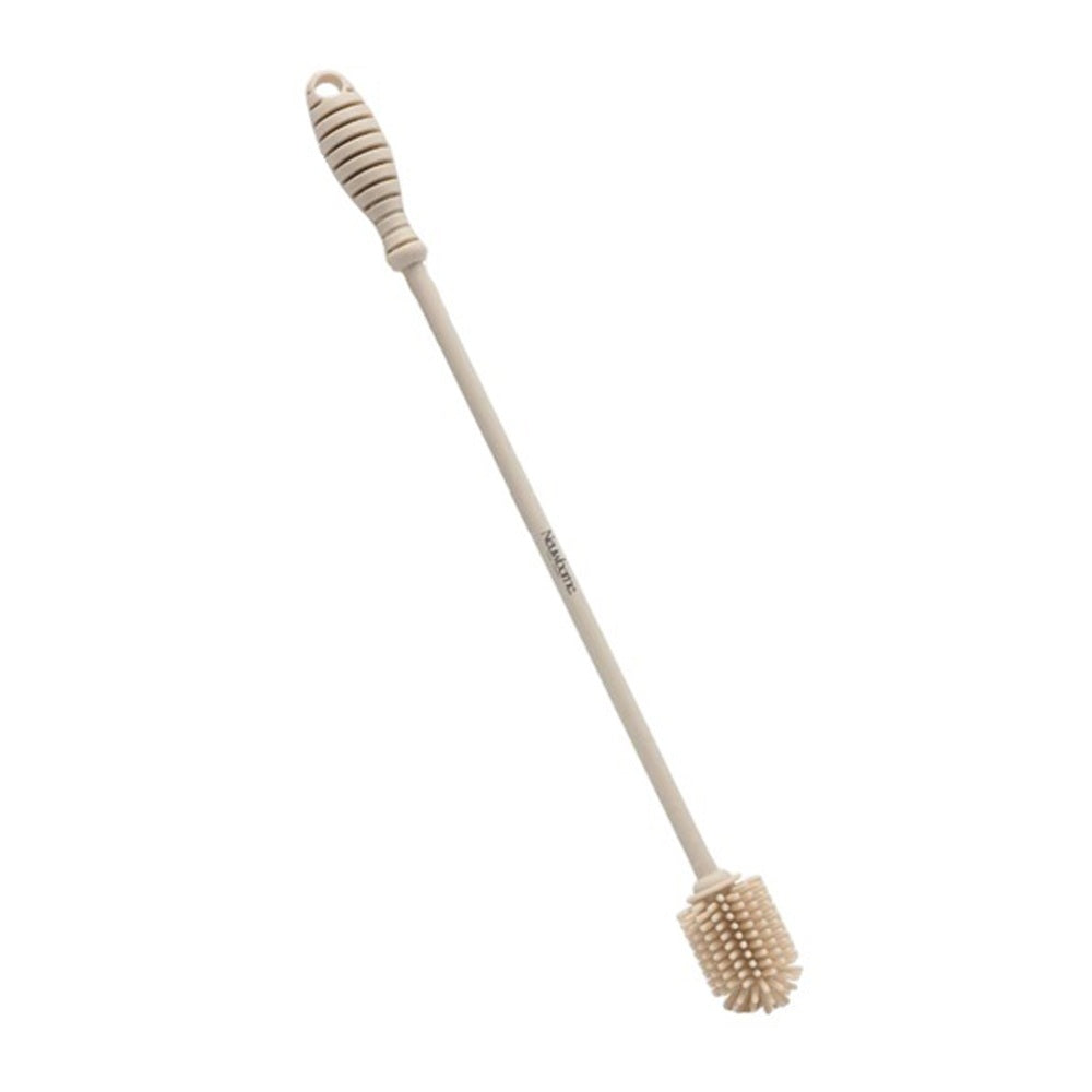 The Neuwborne Bottle Cleaning Brush by Neuwborne features a long handle, grooved grip, and a round spiky food-grade silicone head, specially designed for scrubbing baby bottles.
