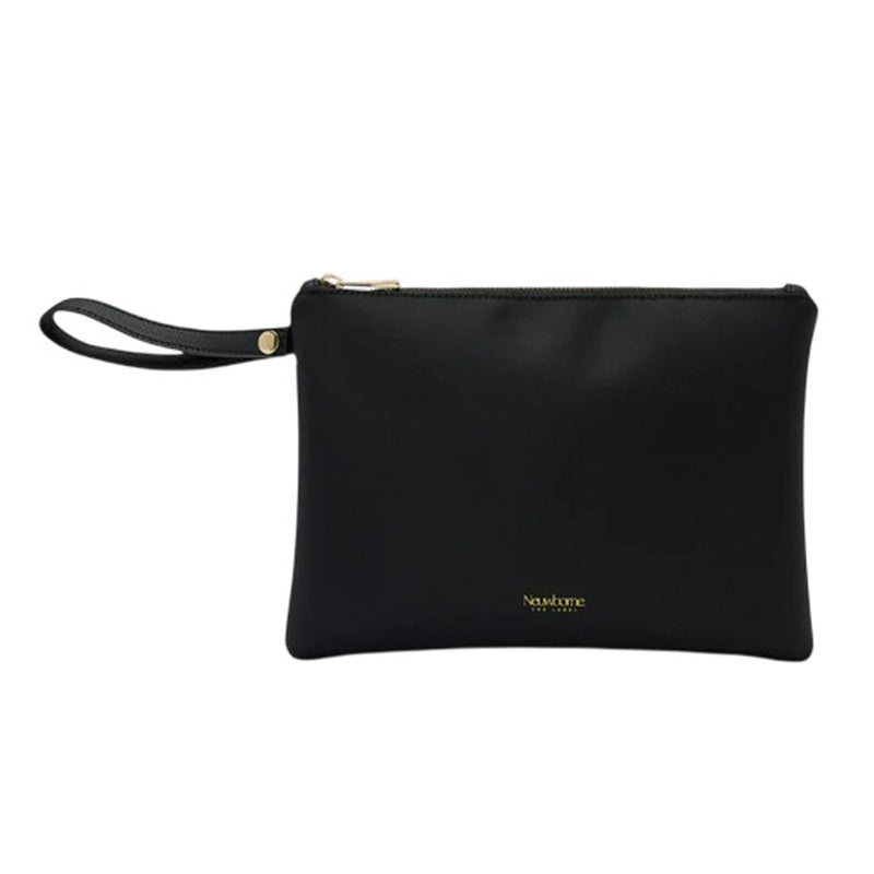 The Neuwborne Milana Clutch is a sleek black wristlet pouch with a small gold logo near the bottom center and an attached left-side wrist strap—ideal as an organizer bag or travel pouch.