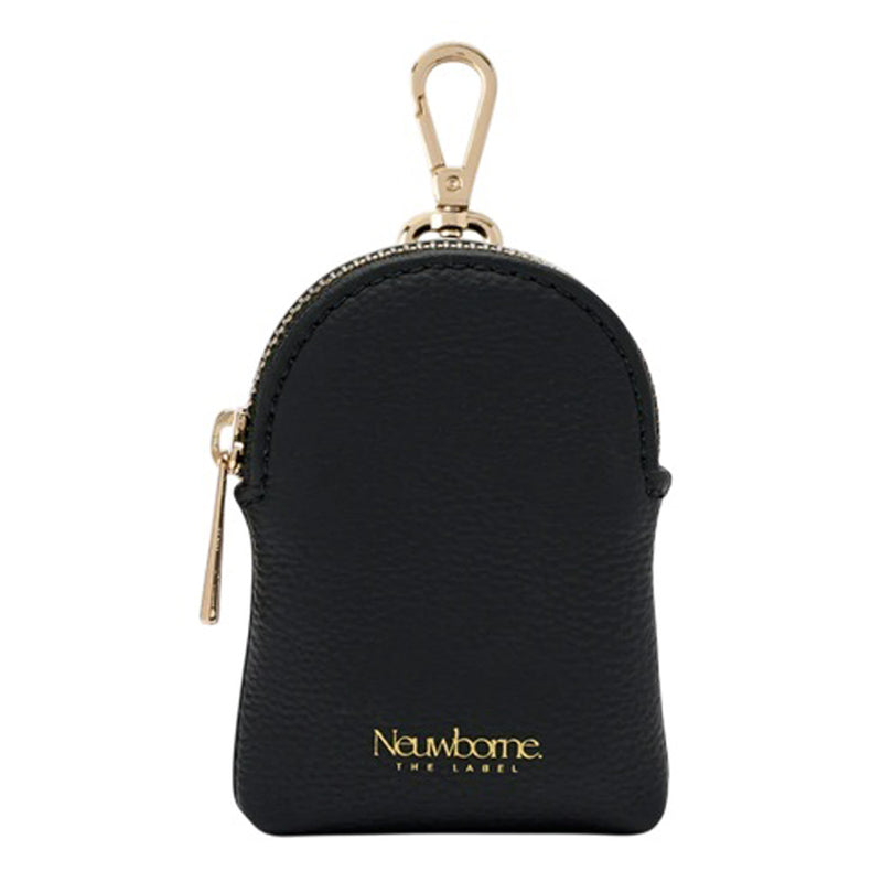 The Neuwborne Milana Pacifier Pouch is a small black vegan leather zip pouch with a gold zipper and clasp, ideal for pacifiers or organising your bag. "Neuwborne" is printed in gold on the front.