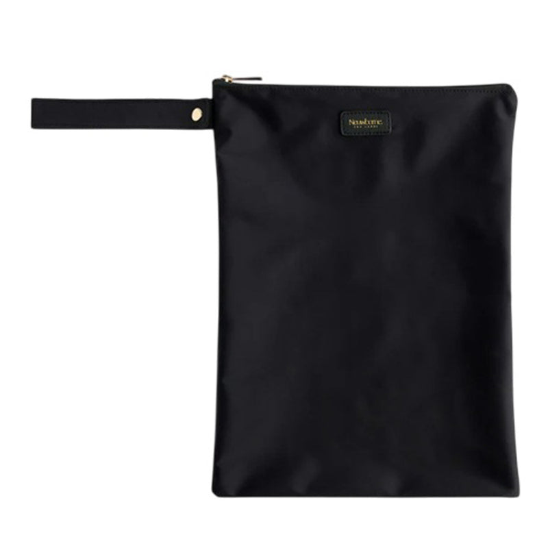 The Neuwborne Milana Wetbag by Neuwborne is a large black waterproof pouch with a zippered closure, left-side wrist strap, and a small label near the zipper. Its minimalist design makes it perfect for use as a reusable bag.