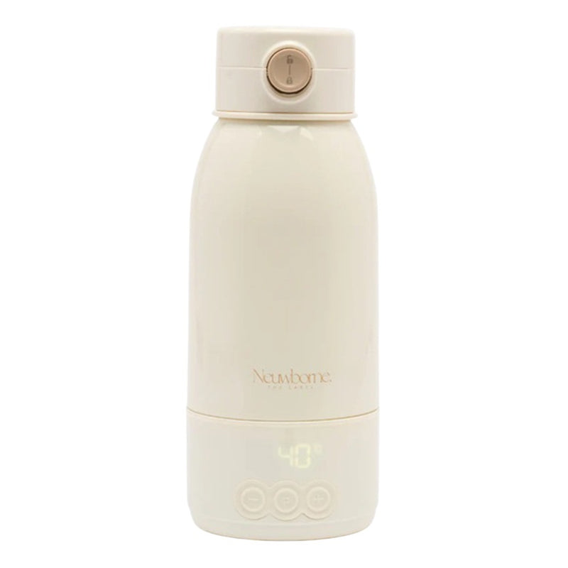 The Neuwborne MilkWarmer Pro is a cream-colored insulated bottle with a digital temperature display, circular lid button, and "Neuwborne" branding, made from medical-grade stainless steel for safe use.