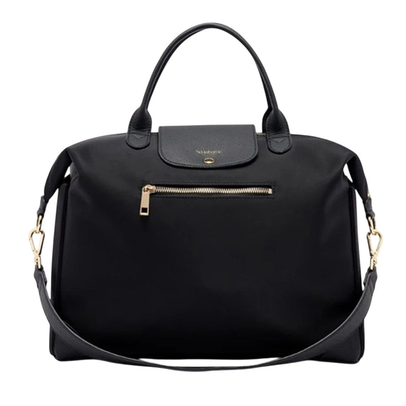 The Neuwborne The Milana Carryall Nappy Bag Nylon by Neuwborne is a black designer diaper bag with short handles, a detachable shoulder strap, front zip pocket with gold hardware, and a flap closure—perfect for stylish, multifunctional use.