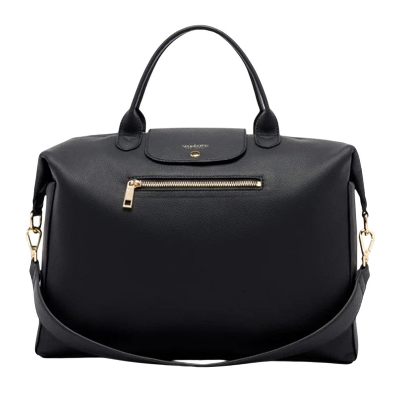 The Neuwborne The Milana Carryall Nappy Bag by Neuwborne is a spacious black vegan leather bag with gold hardware, a top handle, detachable shoulder strap, and a front zip pocket with flap closure.