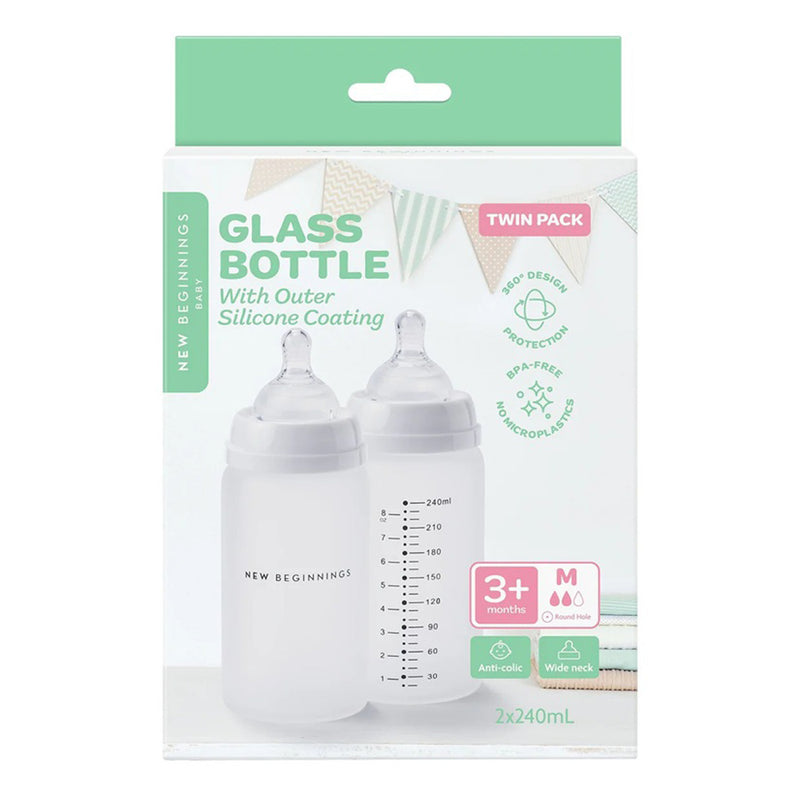 New Beginnings Glass Bottle 240ml Twin Pack Silicone Outer
