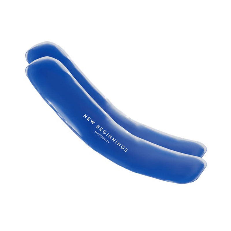 Two curved blue gel pads ("New Beginnings" brand) from the New Beginnings Peri Hot And Cold Relief 2pk, smooth and flexible for perineal therapy and instant postpartum relief. Displayed on a white background.