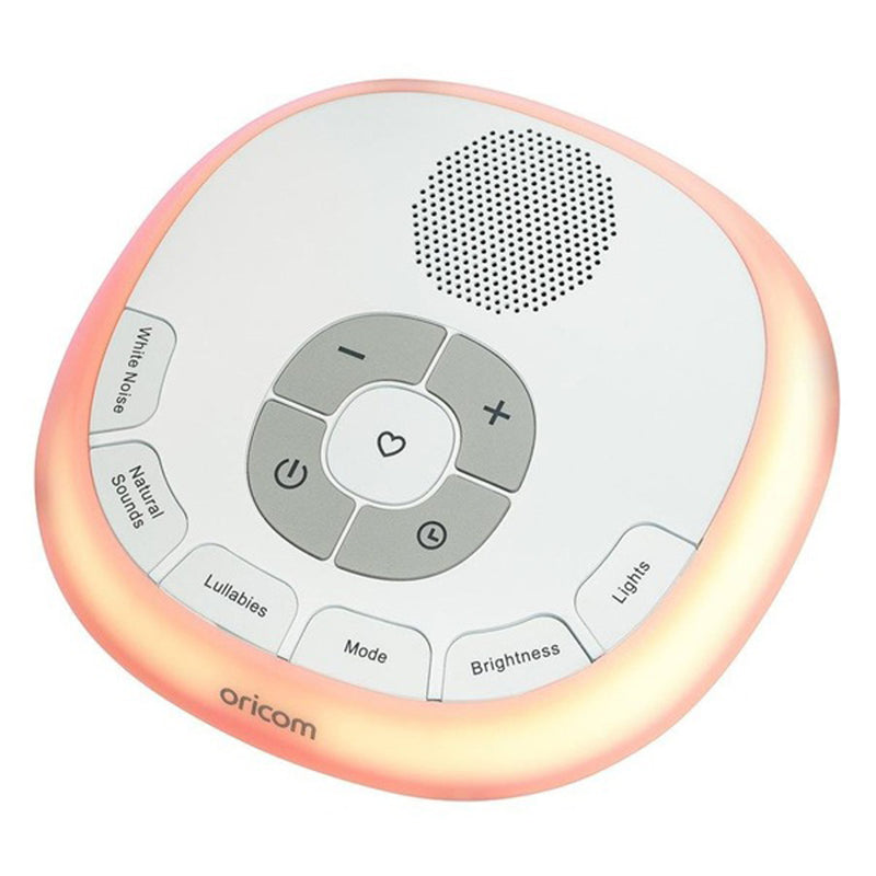 The Oricom Sound Soother With Heartbeat Recording by Oricom features a round white design with an orange glowing border, clearly labeled buttons for sounds, heartbeat recording, lights, brightness, and volume—perfect to soothe your nursery.