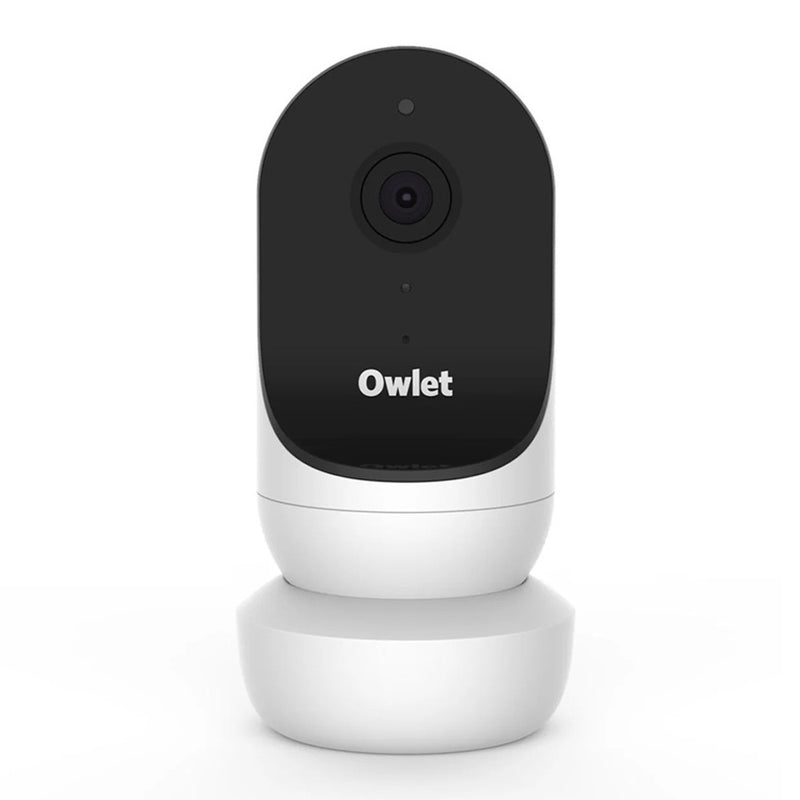The Owlet Cam 2 Smart HD Video Baby Monitor by Owlet, featuring a white and black design with a wide lens and rounded base, is shown against a white background. This indoor smart camera delivers HD video for monitoring your baby.