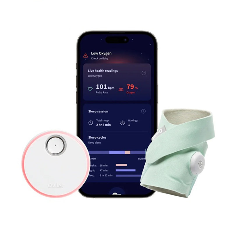 An Owlet Dream Sock Smart Baby Monitor by Owlet is shown: a smartphone displays the app's oxygen and pulse readings, beside the round white sensor and soft mint-green fabric band that make up this real-time monitoring wearable system.