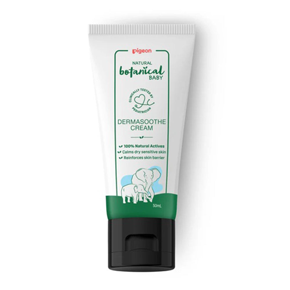 The Pigeon Natural Botanical Baby Dermasoothe Cream 50ml features a white tube with green accents, elephant illustrations, and is steroid-free—perfect for gentle care as a natural baby eczema cream.