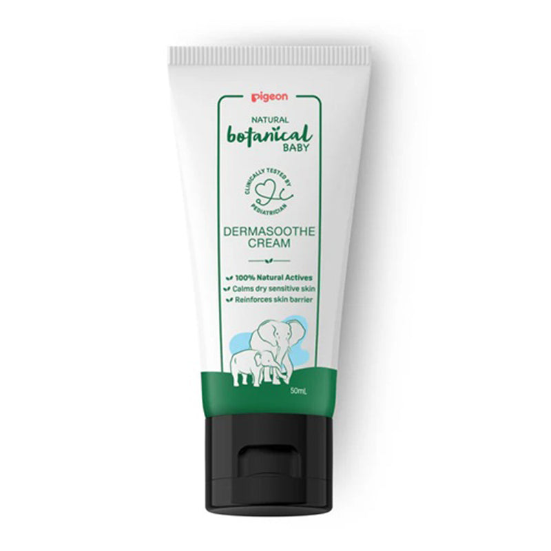 The Pigeon Natural Botanical Baby Dermasoothe Cream 50ml features a white tube with green accents, elephant illustrations, and is steroid-free—perfect for gentle care as a natural baby eczema cream.