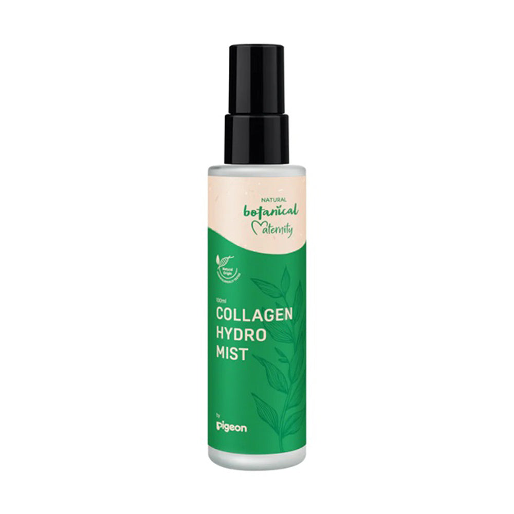 Pigeon Natural Botanical Maternity Collagen Hydro by Pigeon features a green and white label, black spray cap, and leaf graphics—ideal for hydrating pregnancy dry skin and soothing stretch marks.