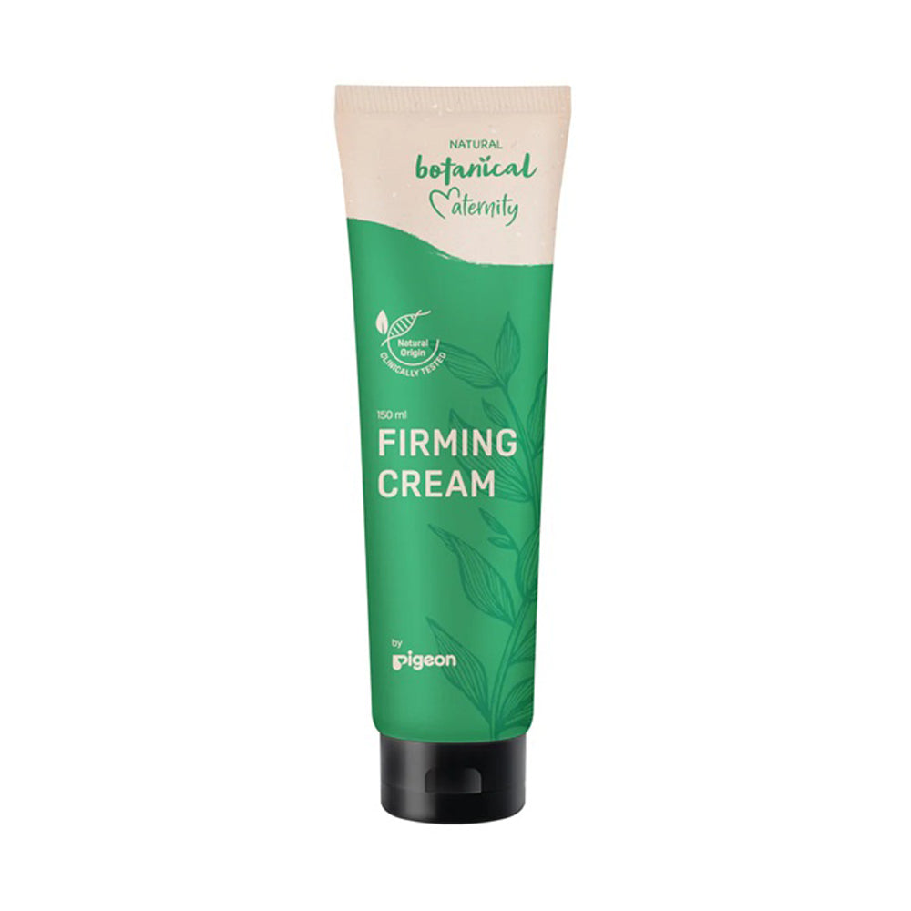 The Pigeon Natural Botanical Maternity Firming Cream comes in a green and beige tube with leaf designs and a black cap, formulated to help reduce postpartum loose skin and cellulite.