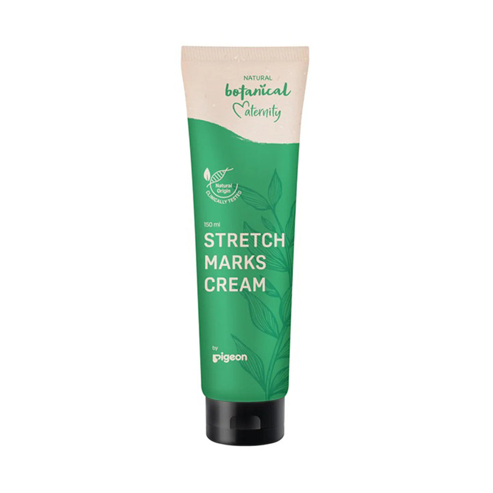 Pigeon Natural Botanical Maternity Stretch Marks Cream comes in a green and beige tube with leaf graphics and a black cap, designed for pregnancy skincare to help prevent stretch marks.