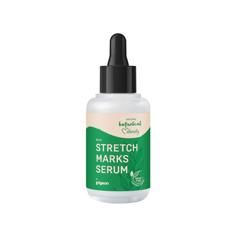 A 40ml bottle of Pigeon Natural Botanical Maternity Stretch Marks Serum with a black dropper cap and green-beige label, featuring "Stretch Marks Serum," a leaf graphic, and ideal for reducing stretch mark scars.