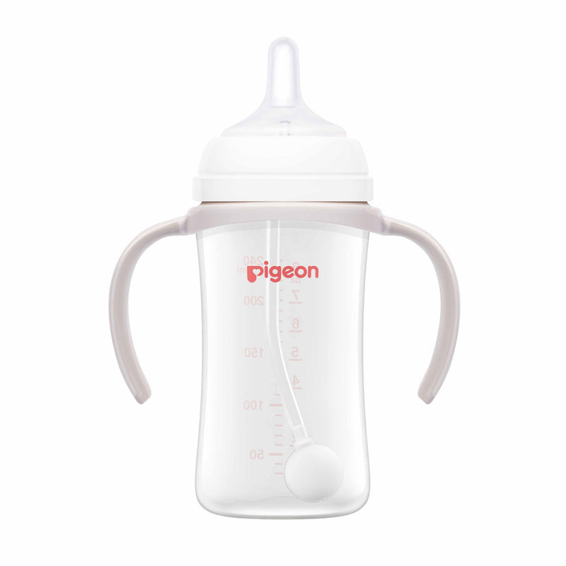 The Pigeon Softouch BPP Step-Up Straw Bottle Set PP 240ml features a transparent design with two curved handles, measurement scale, soft straw lid, and "Pigeon" branding in red—perfect for easy transition from bottle to cup.