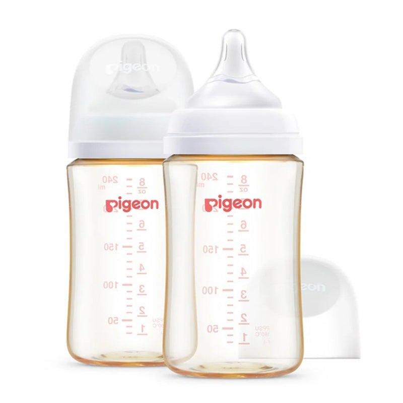 The Pigeon Softouch III Bottle PPSU Twin Pack 240ml includes two transparent bottles with white caps and nipples, each labeled "Pigeon" in red, featuring measurement markings and designed for an easy switch between breast and bottle.