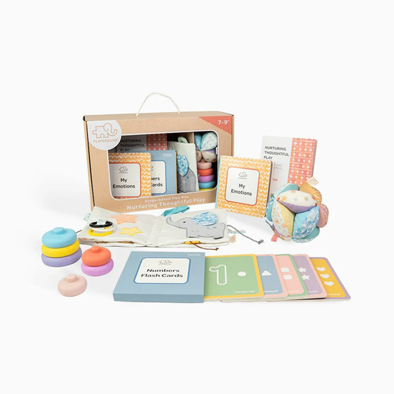 The Playground Plus Learning Box Nurturing Thoughtful Play 7-9M by Playground includes colorful stacking rings, sensory plush toys, “Numbers Flash Cards,” “My Emotions” cards, wooden stars, and a baby learning box for easy storage.