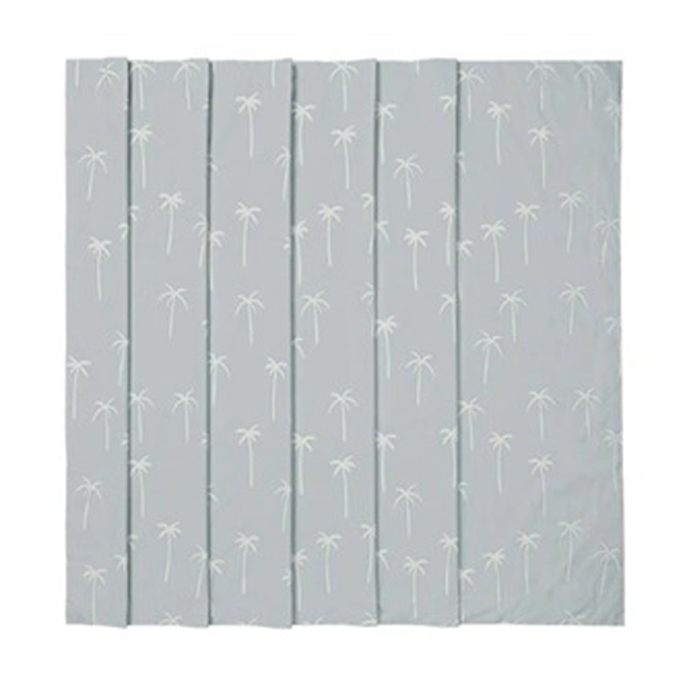 The Porta Fox Portable Blackout Blind Boho Palms features a light gray design with white palm trees—ideal for creating a cozy baby sleep area or pairing with other Porta Fox products.