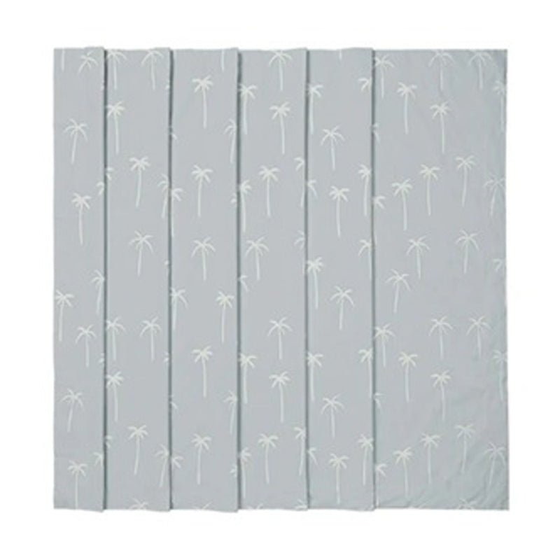 The Porta Fox Portable Blackout Blind Boho Palms features a light gray design with white palm trees—ideal for creating a cozy baby sleep area or pairing with other Porta Fox products.