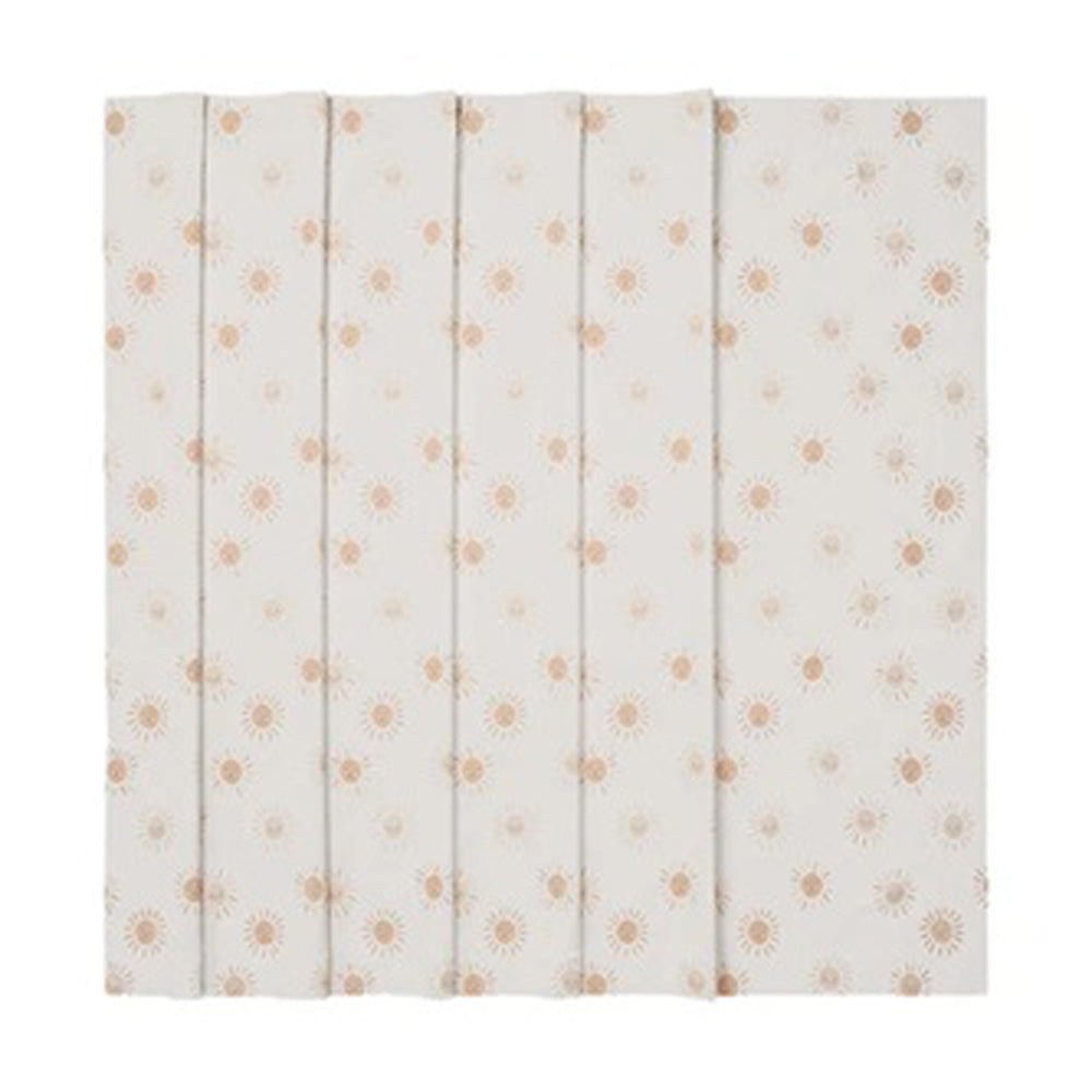 Five folded Porta Fox Portable Blackout Blind Sunny Smiles by Porta Fox, featuring a white design with light brown sun shapes, are arranged side by side on a white background, showcasing their neat and travel-ready appearance.