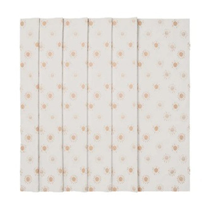 Five folded Porta Fox Portable Blackout Blind Sunny Smiles by Porta Fox, featuring a white design with light brown sun shapes, are arranged side by side on a white background, showcasing their neat and travel-ready appearance.