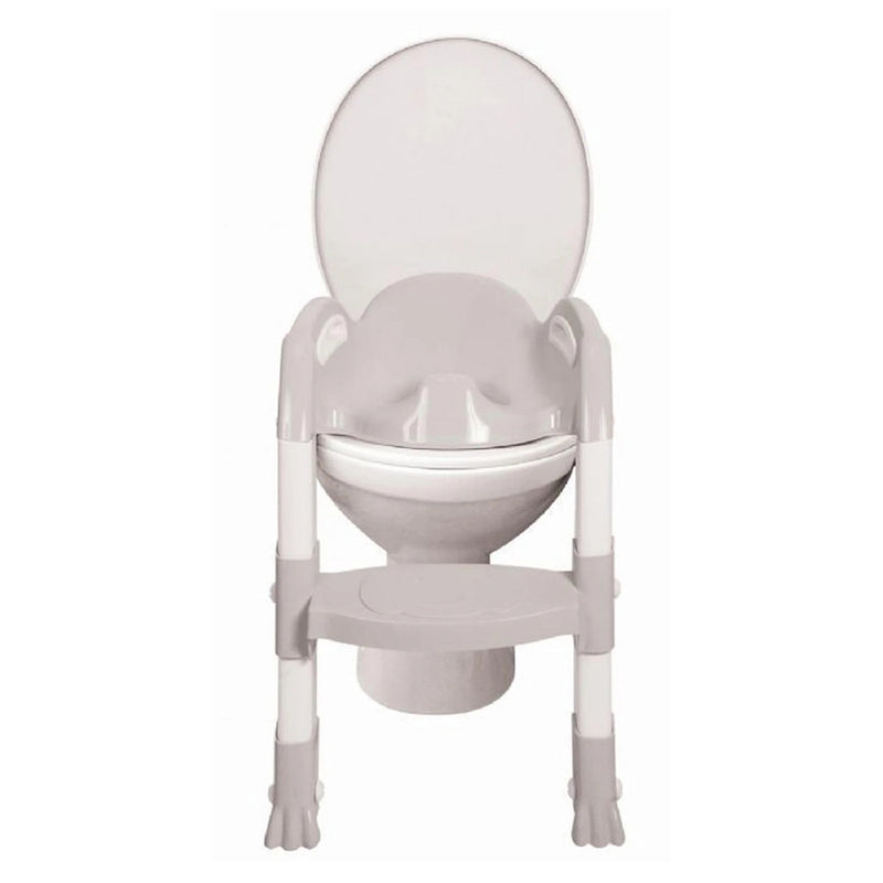 The Roger Armstrong The Ultimate Toilet Trainer by Roger Armstrong is a child-sized potty with a backrest, side handles, and adjustable footrest, designed to look like a standard toilet in white and light gray.