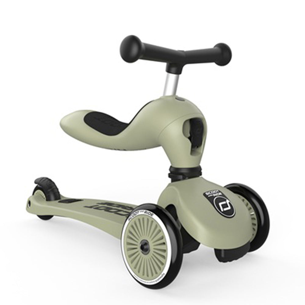 The Scoot and Ride Highway Kick 1 by Scoot and Ride is a three-wheeled, light green children’s scooter with a black handlebar, extra-wide footrest, two large front wheels, and a small rear wheel for stability and fun.