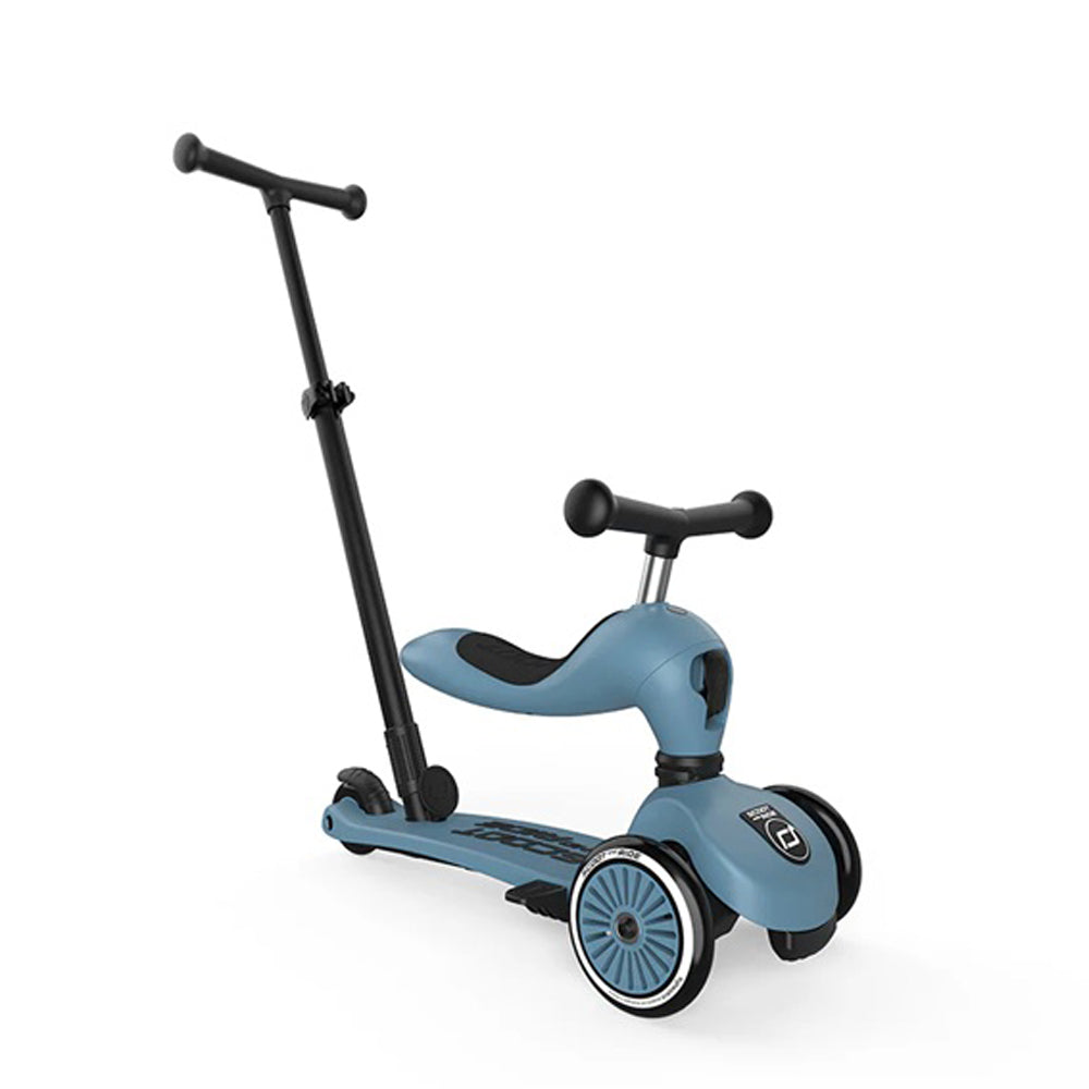 The Scoot and Ride Highway Kick 1 Push and Go by Scoot and Ride is a 2-in-1 kids’ scooter with a parent push bar, T-shaped handlebars, adjustable seat, two front wheels, and one rear wheel—ideal for children’s first scooting adventures.