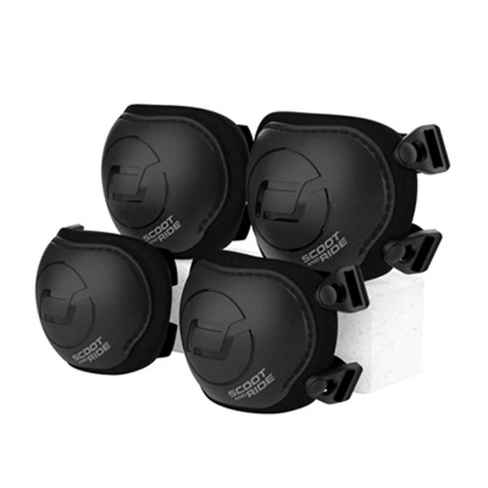 Scoot and Ride Protective Knee and Elbow Pack (S) by Scoot and Ride—black toddler safety gear with adjustable straps, ideal for scootering or skating, shown against a white background.