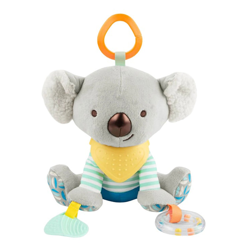 The Skip Hop Bandana Buddies Activity Toy Koala by Skip Hop is a plush gray koala with a yellow bib, striped shirt, teether toy, orange hanging ring, and friendly face—perfect for multi-sensory play.