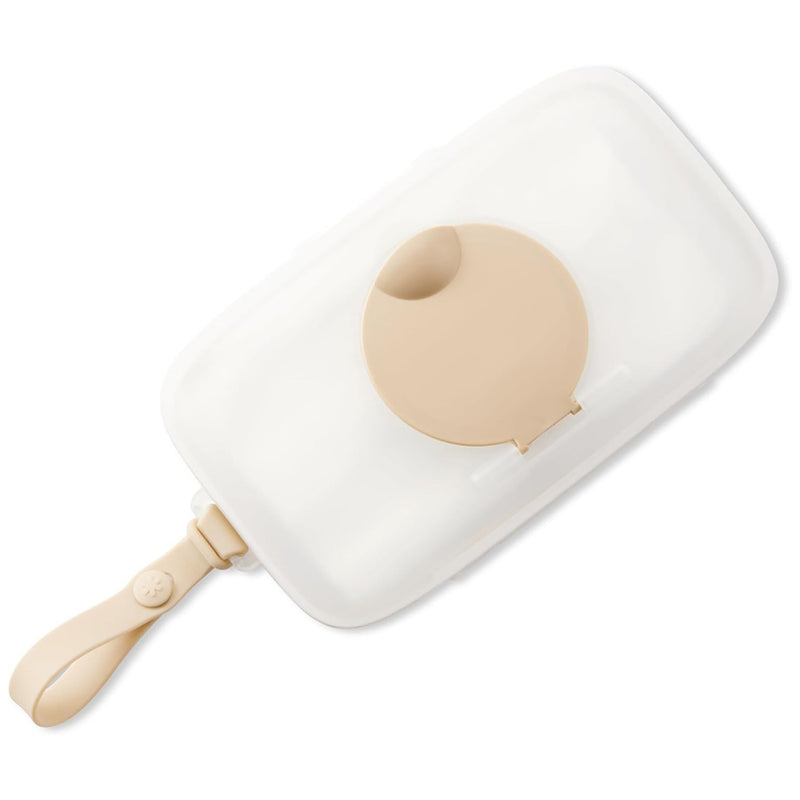 The Skip Hop Grab & Go Snug Seal Wipes Case Oat is a white rectangular case with a beige flip-top lid and strap, designed to keep wipes moist—ideal as a portable stroller wipes holder from Skip Hop.
