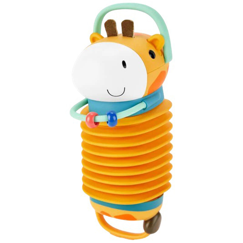 The Skip Hop Jungle Beats Giraffe Accordion Toy by Skip Hop is a colorful musical baby toy shaped like a smiling giraffe, with an orange body, white face, yellow accordion middle, ring handles, and blue, green, and brown accents.