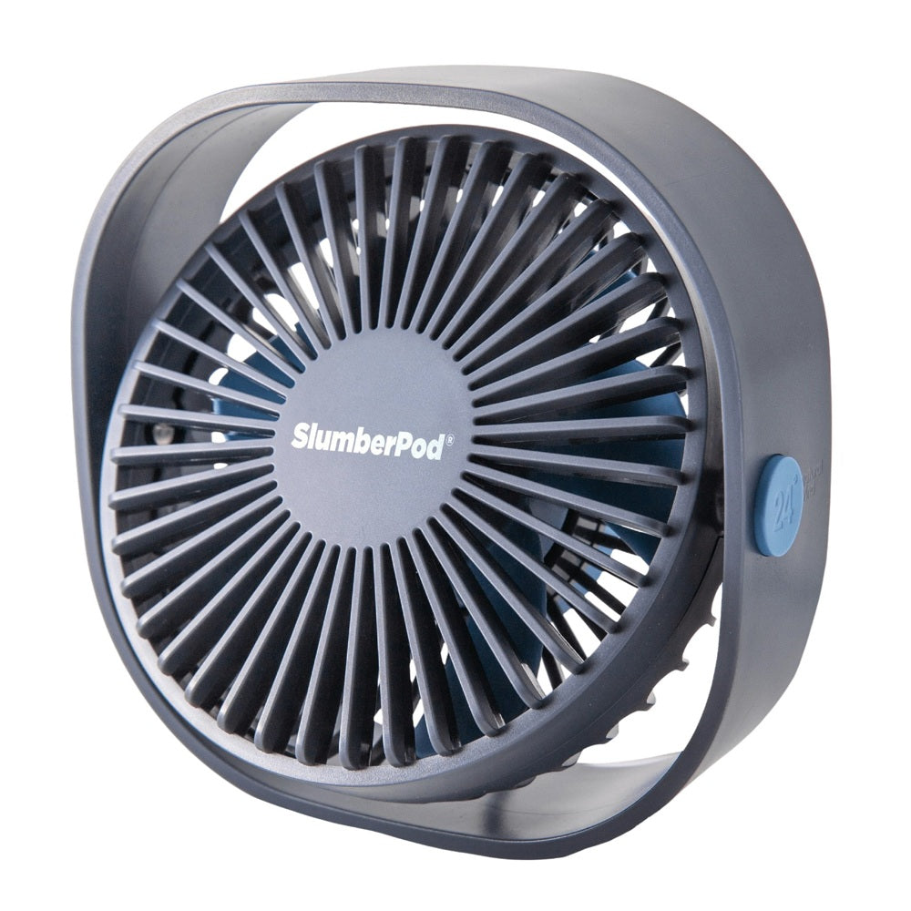 The SlumberPod Fan by SlumberPod is a compact, portable, dark gray USB fan with a child-safe circular grille, modern design, and a blue button on the side. The brand name is displayed on the front.
