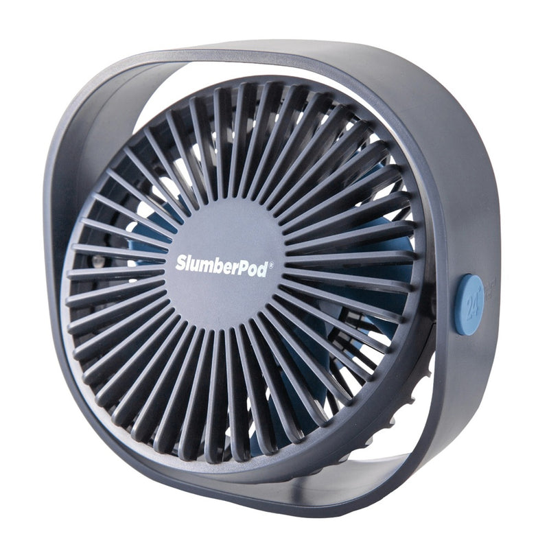 The SlumberPod Fan by SlumberPod is a compact, portable, dark gray USB fan with a child-safe circular grille, modern design, and a blue button on the side. The brand name is displayed on the front.
