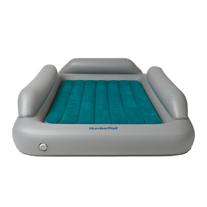 The SlumberPod SlumberTot Inflatable Toddler Bed features gray raised sides and a teal sleeping surface, viewed from the end. The SlumberPod logo is visible, making this portable mattress ideal for toddlers on the go.