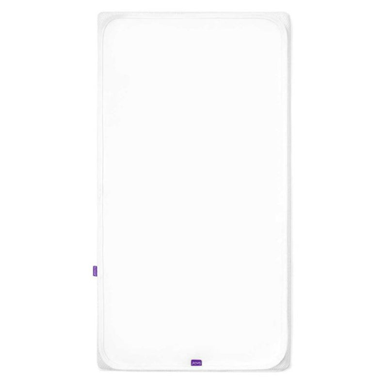 The Snuzpod 3, 5 & Studio Mattress Protector by Snuz is a white, absorbent cotton crib mattress protector with rounded corners and a small purple tag—ideal for waterproof protection. Shown on a plain white background.