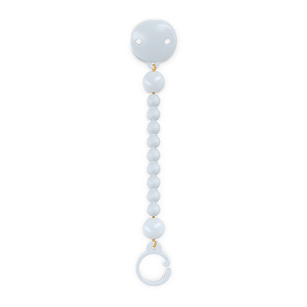 The Suavinex Colour Essence Silicone Bobble Soother Clip is a white clip with round beads arranged vertically, featuring a top clip and a bottom ring to secure your baby's soother.