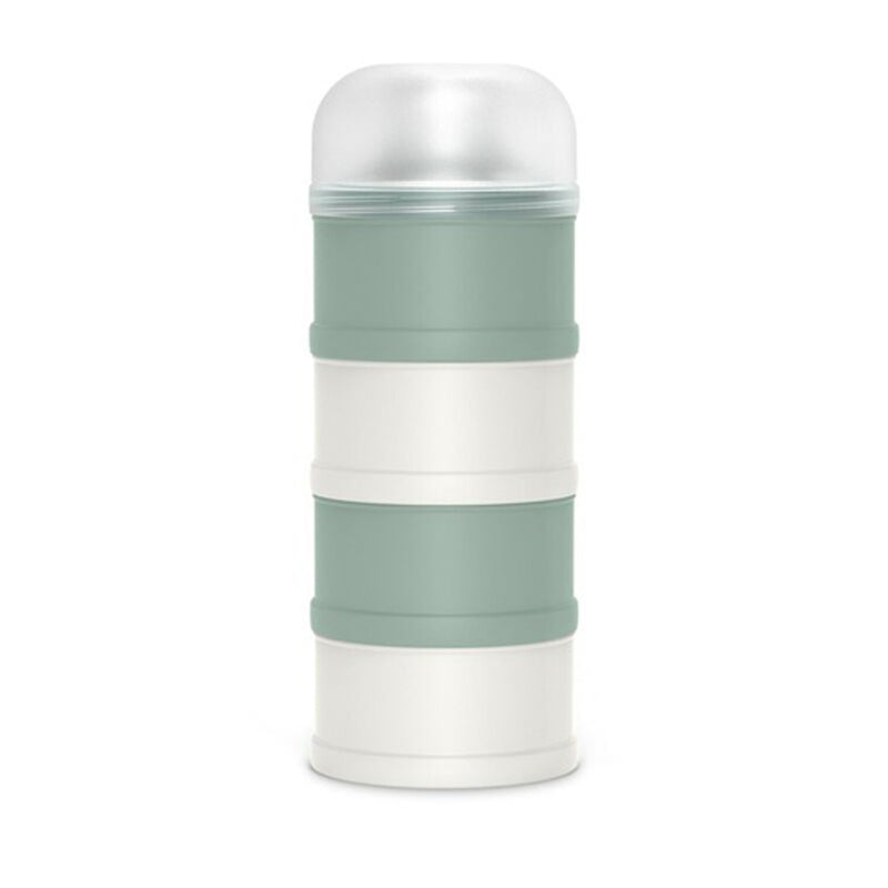 The Suavinex Formula Dispenser is a cylindrical, stackable container by Suavinex featuring light green and white sections with a transparent dome lid, perfect for storing powdered milk.