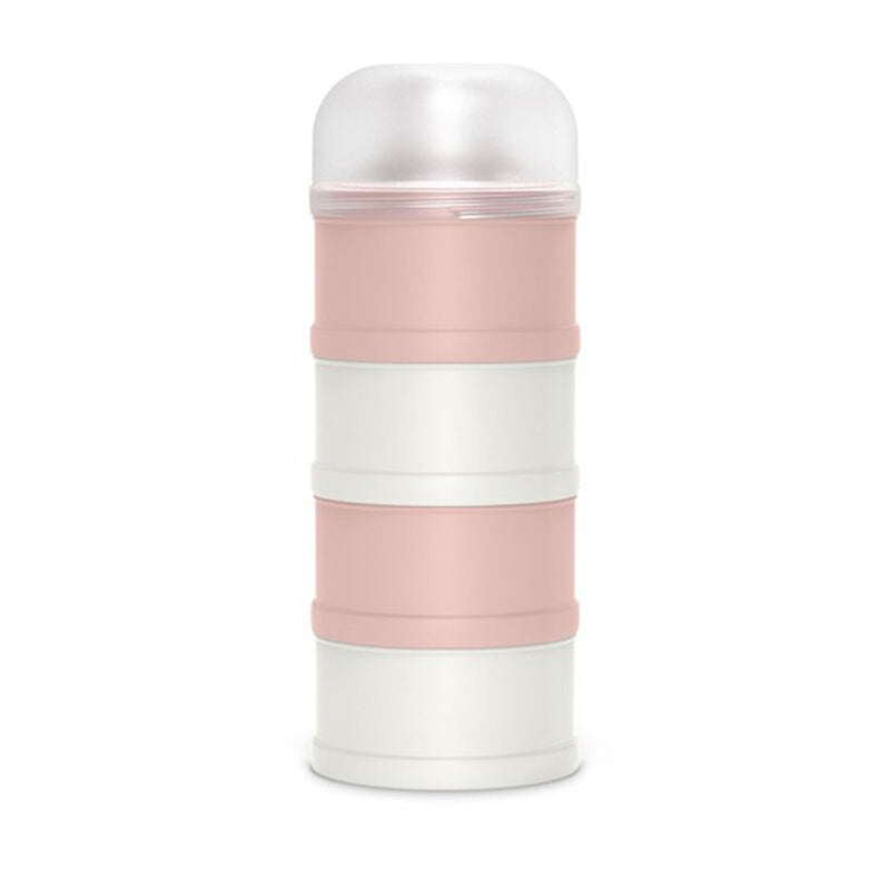The Suavinex Formula Dispenser by Suavinex is a stackable container with pink and white sections and a transparent lid, ideal for storing or carrying food, powdered milk, or small items.