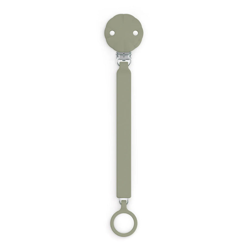 The Suavinex Wonder Silicone Soother Clip by Suavinex features a light grey strap, a round clasp at the top, and a circular silicone ring at the bottom for attaching your baby's soother or pacifier.