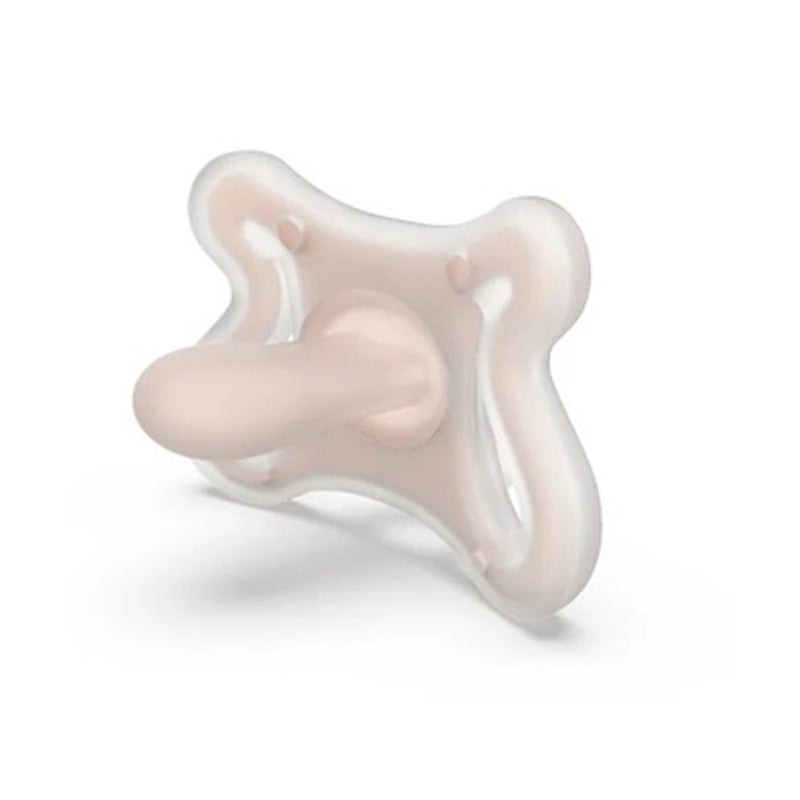 The Suavinex Zero Zero Physiological Silicone Soother 0-6months features a pale pink and white butterfly-shaped shield and rounded nipple, designed to prevent nipple confusion, shown against a plain white background.