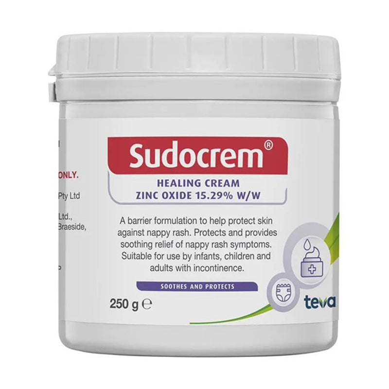A 250g tub of Sudocrem highlights soothing, protective care for nappy rash and eczema with zinc oxide 15.29%, safe for infants, children, and adults.