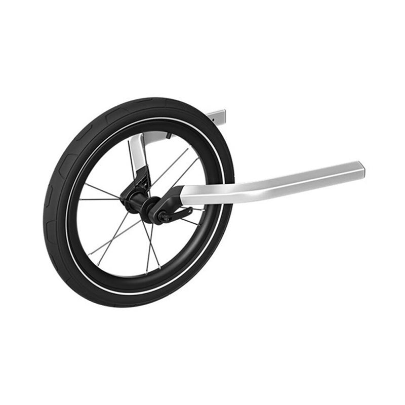 The Thule Chariot Jogging Kit V2 2025 Single, by Thule, features a black rubber wheel with a silver frame and two arms—ideal as a replacement for jogging strollers or bike trailers; shown isolated on a white background.