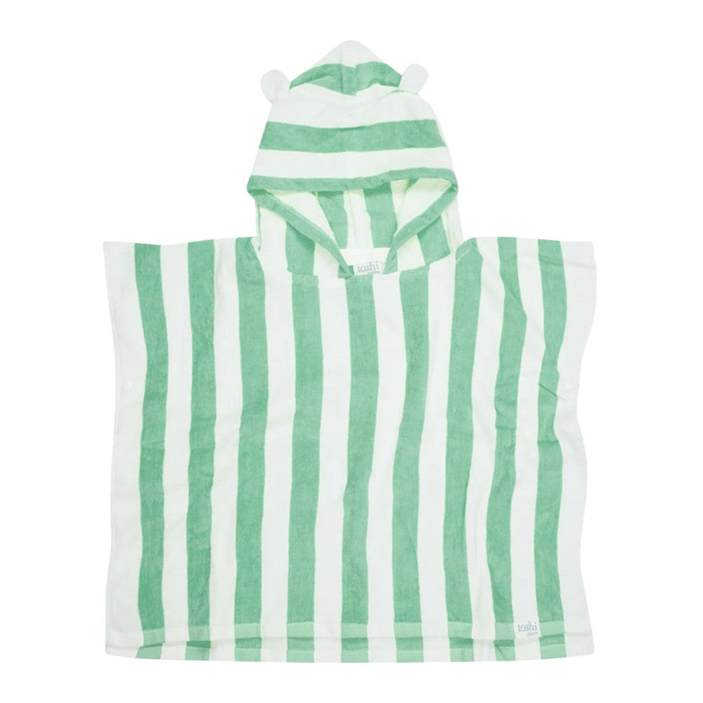 The Toshi Hooded Towel Beachcomber Seagrass by Toshi is a cotton children’s towel with green and white stripes, UPF 50+ sun protection, and cute bear ears on the hood.