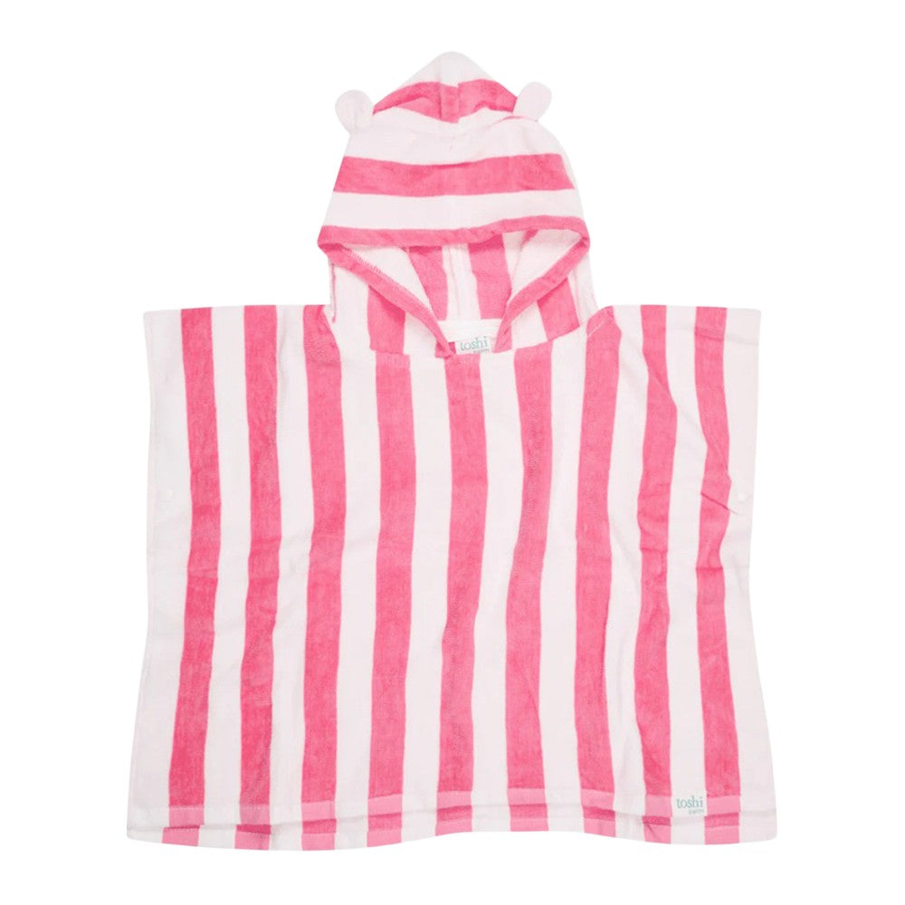 The Toshi Hooded Towel Beachcomber Watermelon is a cozy children’s cotton poncho with wide pink and white stripes and a hood with small bear ears—perfect as a baby bath towel.